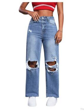 High Waist Ripped Distressed Cropped Straight Leg Jeans